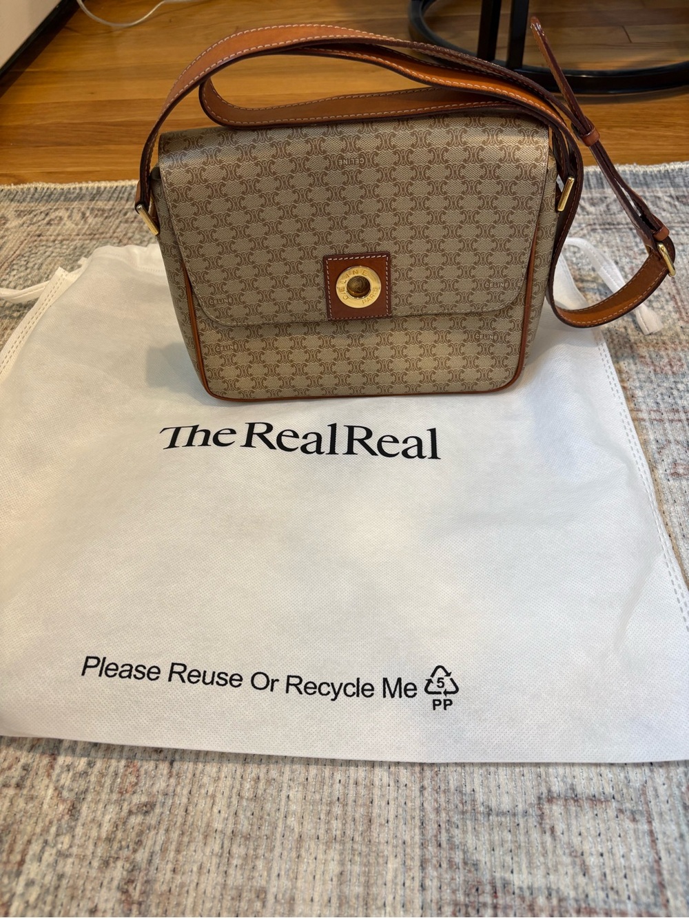 Celine Macadam Beige Monogram Canvas Crossbody with Brown Leather Trim
